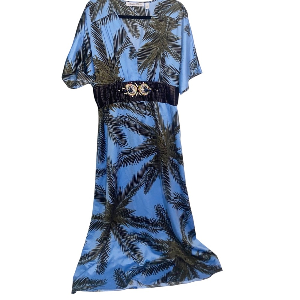 Meghan Fabulous LA Dress Womens Large Blue Palm Print Maxi Beaded Boho Tropical